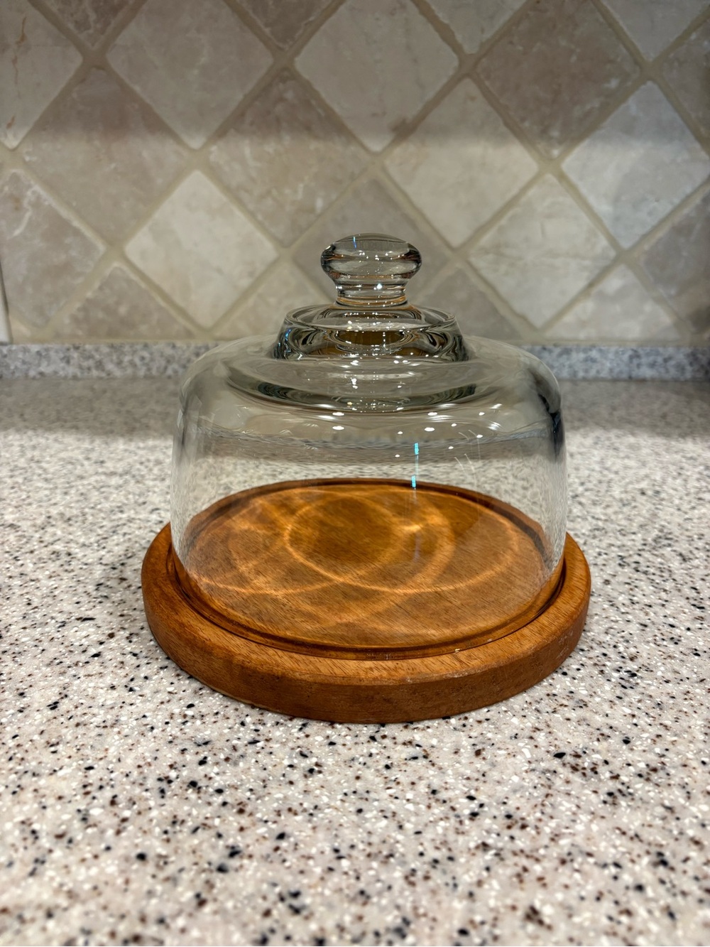 Round Glass Cloche Dome Lid Cake Stand w/ Medium Brown Wood Base